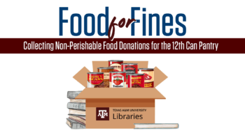 A graphic illustrated the Food for Fines program with a cardboard box full of canned food in front of a stack of library books.