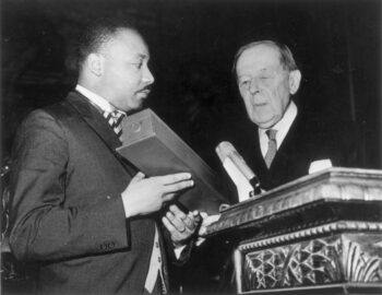 King receiving the Nobel Prize for Peace from Gunnar Jahn, president of the Nobel Prize Committee, in Oslo on Dec. 10, 1964