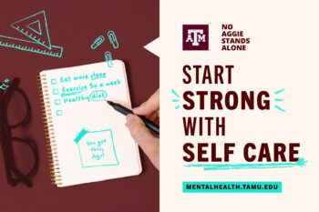 A graphic that says "Start strong with self care" with an illustration of someone writing down their goals in a spiral notebook