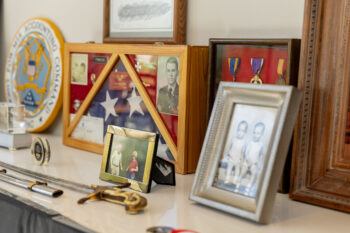 A photo of veterans' mementos on a table during.