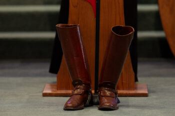 A photo of a pair of boots worn by seniors in Texas A&M University's Corps of Cadets.