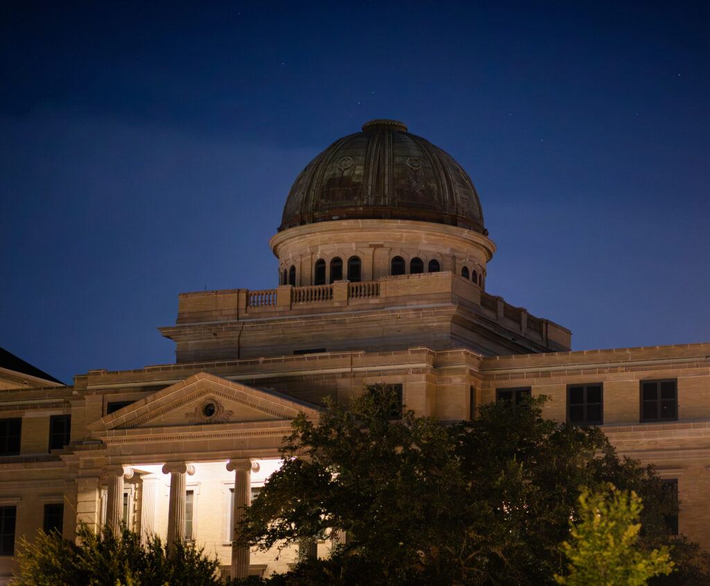 The academic building at night