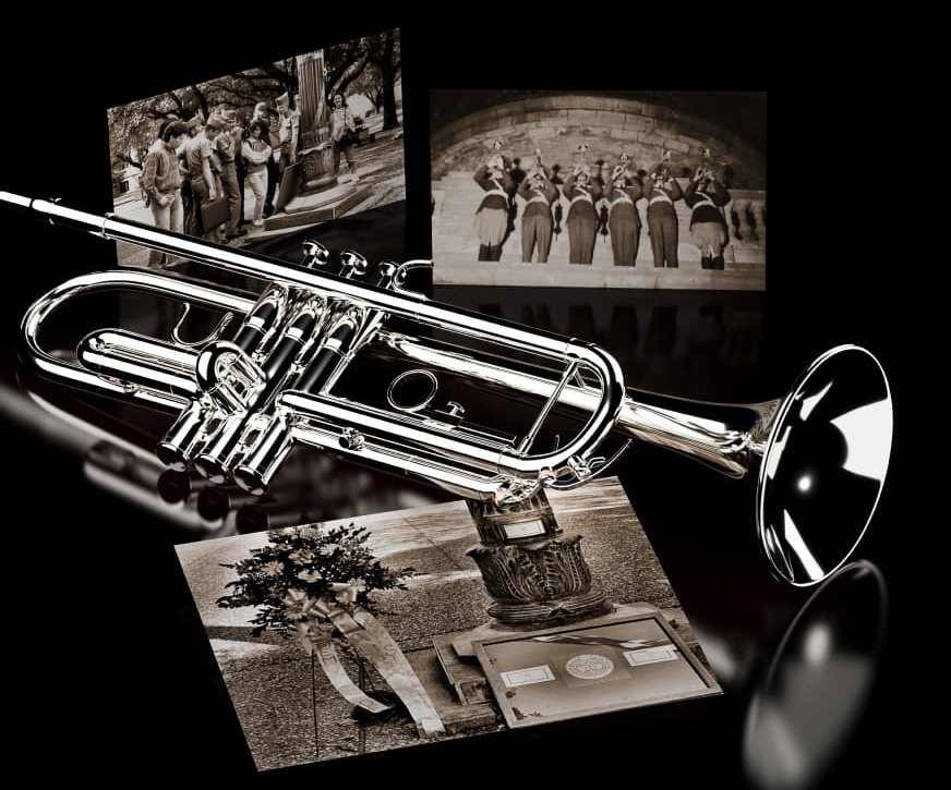 a bugle near historic photos of Silver Taps