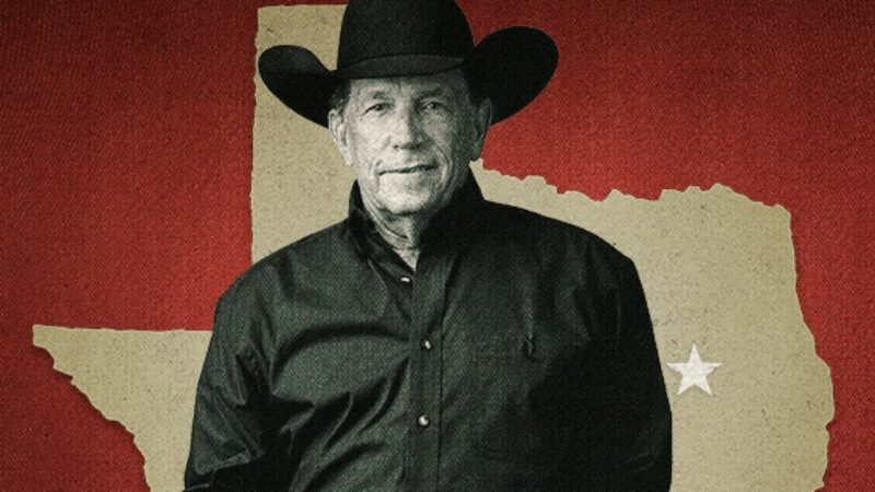 A black and white photo of George Strait inside a cutout of the state of Texas against a maroon background.