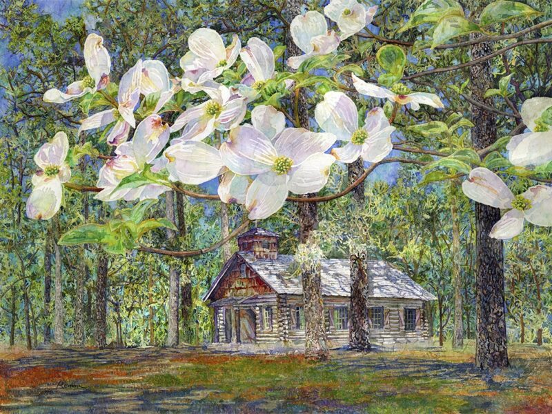 An image of a painting showing a log structure among trees at a Texas state park.