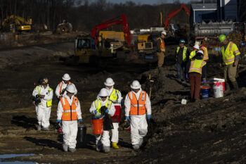EAST PALESTINE, OH - MARCH 09: Ohio EPA and EPA contractors collect soil and air samples from the derailment site on March 9, 2023 in East Palestine, Ohio. Cleanup efforts continue after a Norfolk Southern train carrying toxic chemicals derailed causing an environmental disaster. Thousands of residents were ordered to evacuate after the area was placed under a state of emergency and temporary evacuation orders.