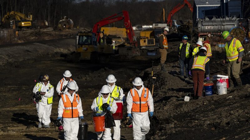 EAST PALESTINE, OH - MARCH 09: Ohio EPA and EPA contractors collect soil and air samples from the derailment site on March 9, 2023 in East Palestine, Ohio. Cleanup efforts continue after a Norfolk Southern train carrying toxic chemicals derailed causing an environmental disaster. Thousands of residents were ordered to evacuate after the area was placed under a state of emergency and temporary evacuation orders.