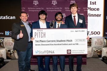 The founders of ElastaScan with their first-place check of $7,500 in the Aggie PITCH competition.