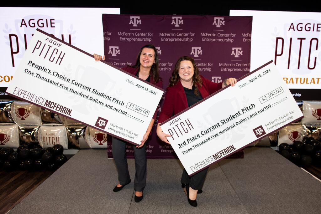 Cosmic Leap Foundation founders Rachelle Pedersen and Natasha Wilkerson with their prize checks from the Aggie PITCH competition.