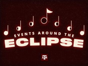 A maroon graphic with text reading "events around the eclipse" with musical notes representing the moon passing in front of the sun. 