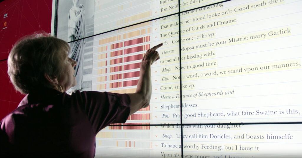 Laura Mandell explores the New Variorum Shakespeare website using the Humanities Visualization Space within the Center of Digital Humanities Research