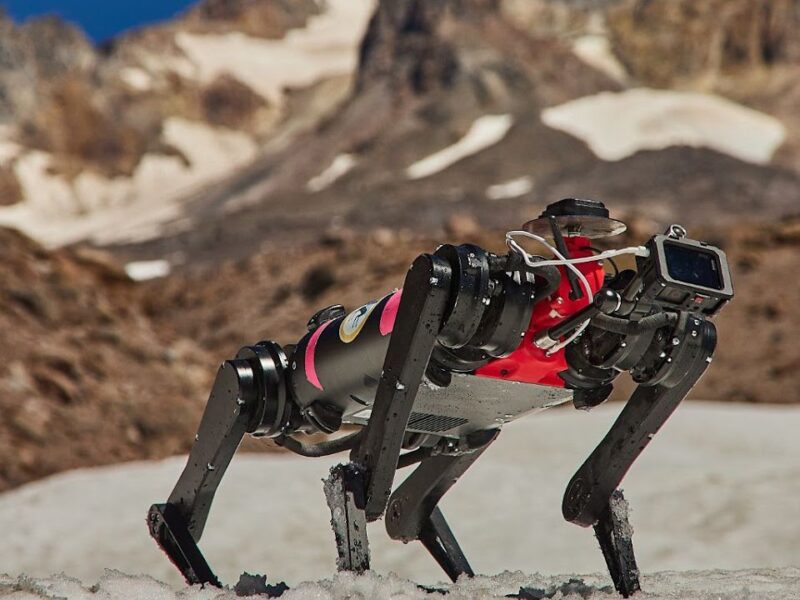 A photo of a four-legged robot in the snow on Mount Hood in Oregon.