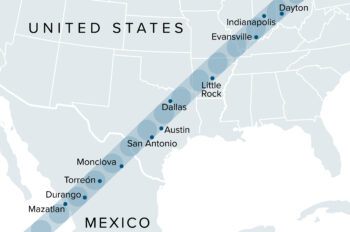 Great American Total Solar Eclipse, on April 8, 2024, political map. Major cities in the path of totality, visible across North America, passing over Mexico, the United States, and Canada. Vector.
