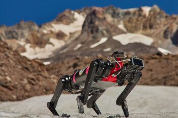 A photo of a four-legged robot in the snow on Mount Hood in Oregon.