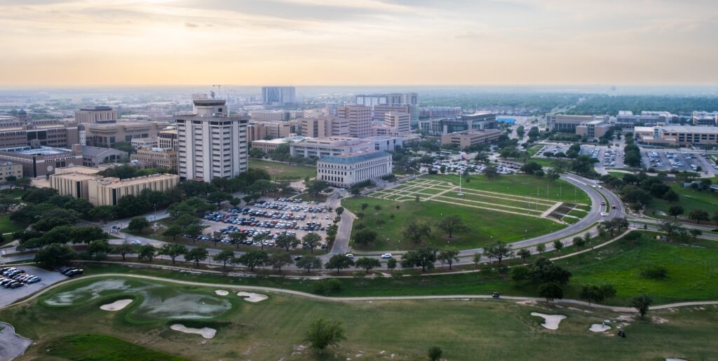 An aerial view of the Texas A&M University campus.