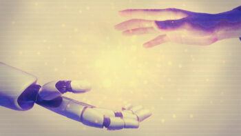 a rendering of a robot and human hand about to touch