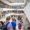 People walking in a crowded staircase