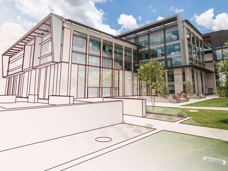 a rendering of a building on campus with a digital half.