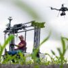 A man demonstrating machinery and a drone in a corn field