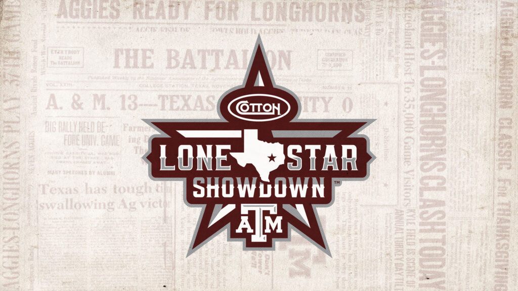 A graphic showing the Cotton Holdings Lone Star Showdown image over old newspaper articles from The Battalion.