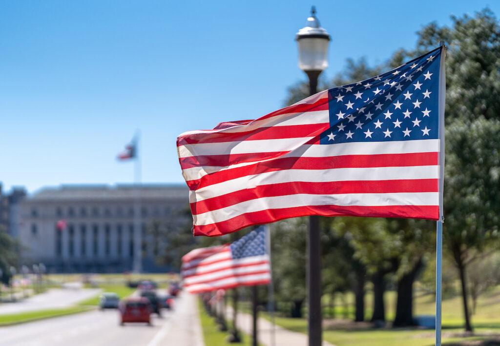 Flags are displayed near the Jack K. Williams Administration Building at Texas A&M University in honor of Veterans Day on Nov. 11, 2021.