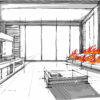 A drawing of a room with the furniture on fire.