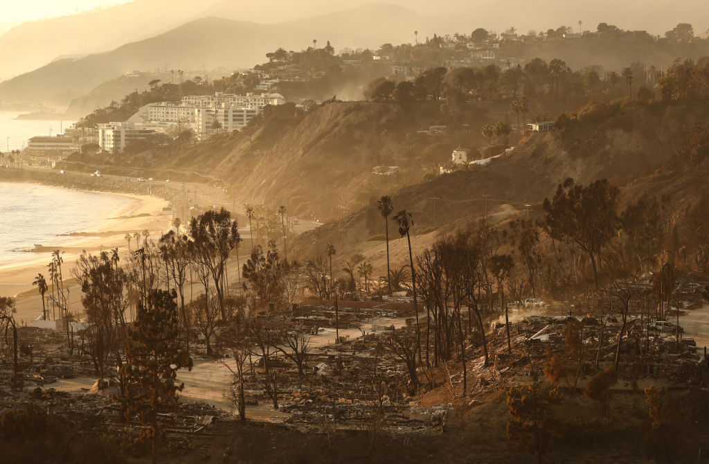 A photo showing a cluster of homes burned to the ground by wildfires. In the background, several large, intact buildings can be seen next to the Pacific Ocean.