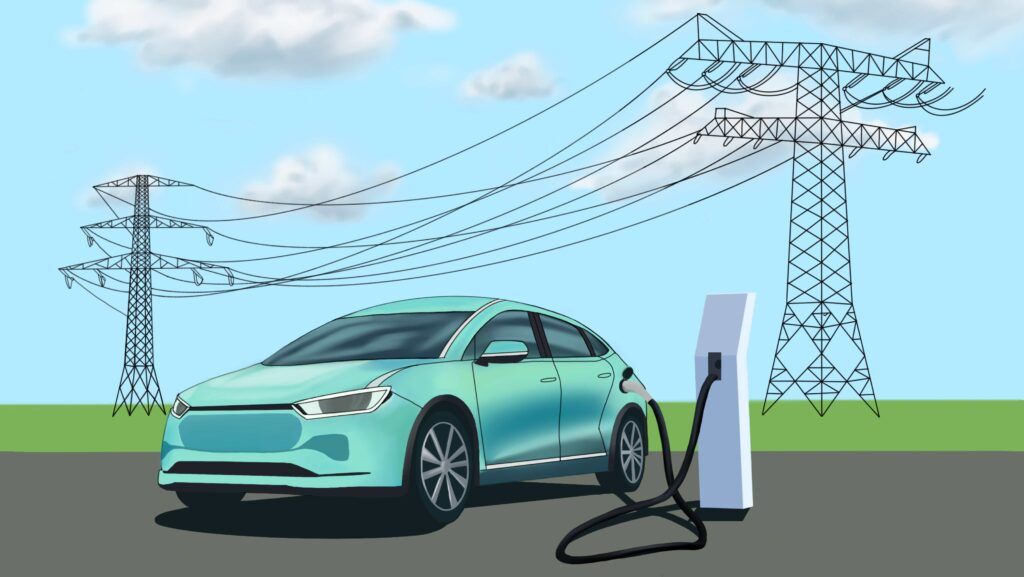 An illustration of an electric car plugged into a charger with power transmission lines in the background.