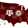 A graphic of the United States with the Texas A&M logo and the seal of the Texas A&M Maritime Academy.