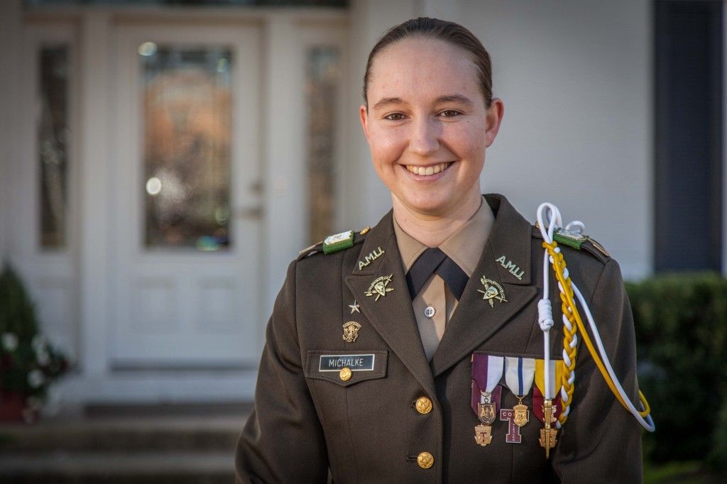 Alyssa Michalke in her Corps of Cadets uniform smiling for the camera