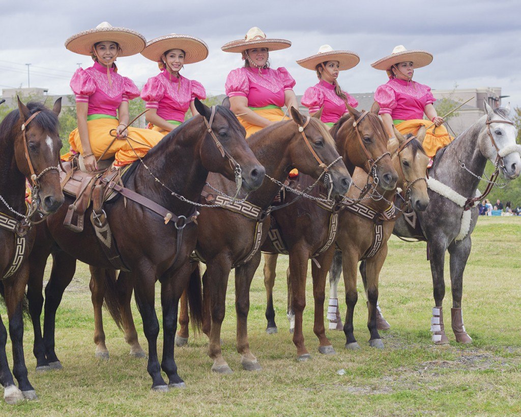Five women on horses in colorful outfits
