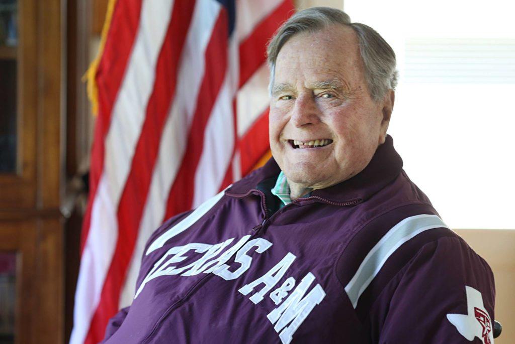 Former President George H.W. Bush wearing a Texas A&M jacket