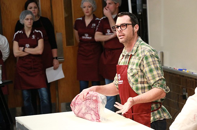 Aaron Franklin of Franklin’s Barbecue in Austin, discussing brisket cuts. (Photo by Dr. Jeff Savell, University Distinguished Professor and E.M. “Manny” Rosenthal chairholder in the department of animal science at Texas A&M).