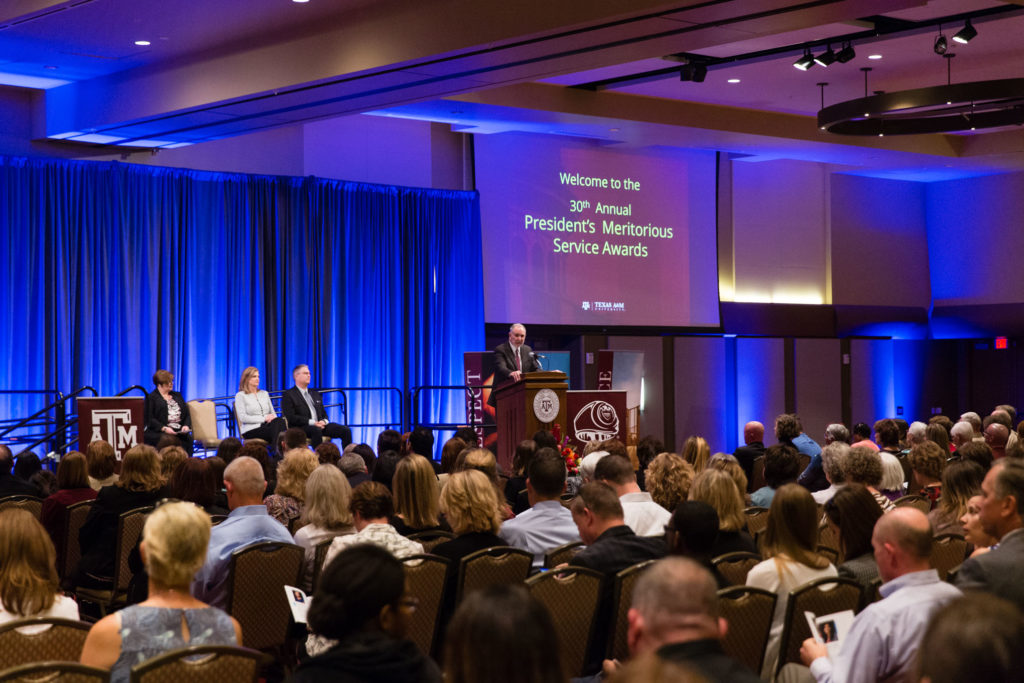 Hundreds of Texas A&M staff and families of award recipients gathered in the Memorial Student Center's Bethancourt Ballroom to kick off Staff Appreciation Week. 