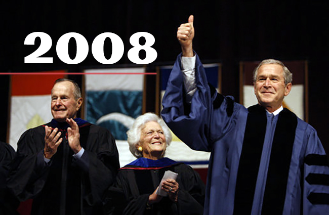 President George W. Bush appears on stage during Texas A&amp;M commencement in 2008.