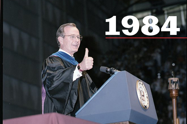 President George H.W. Bush delivers a commencement to Texas A&amp;M graduates in 1984.