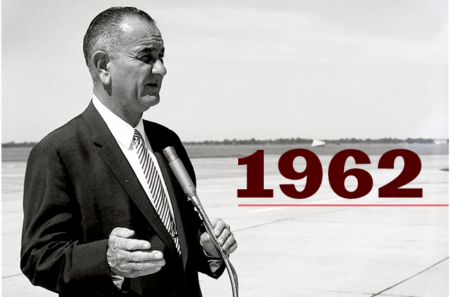 President Lyndon B. Johnson, then vice president, addresses a crowd at Easterwood Airport in 1962.