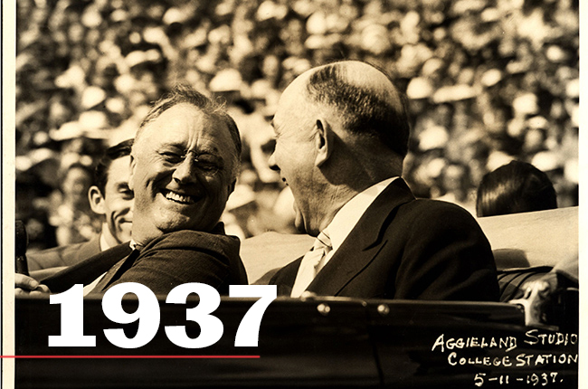 President Franklin D. Roosevelt (left) shares a laugh at Kyle Field In 1937. (Photo courtesy Cushing Memorial Archives, Texas A&amp;M University)