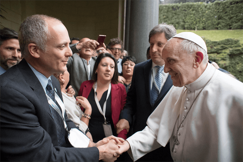 Texas A&M University School of Law Professor Gabriel Eckstein meets Pope Francis at the Pontifical Academy of Sciences Seminar on the Human Right to Water held at the Vatican.