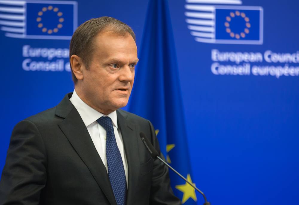 President of the European Council Donald Tusk during a joint press conference with President of Ukraine Petro Poroshenko in Brussels. (Shutterstock)