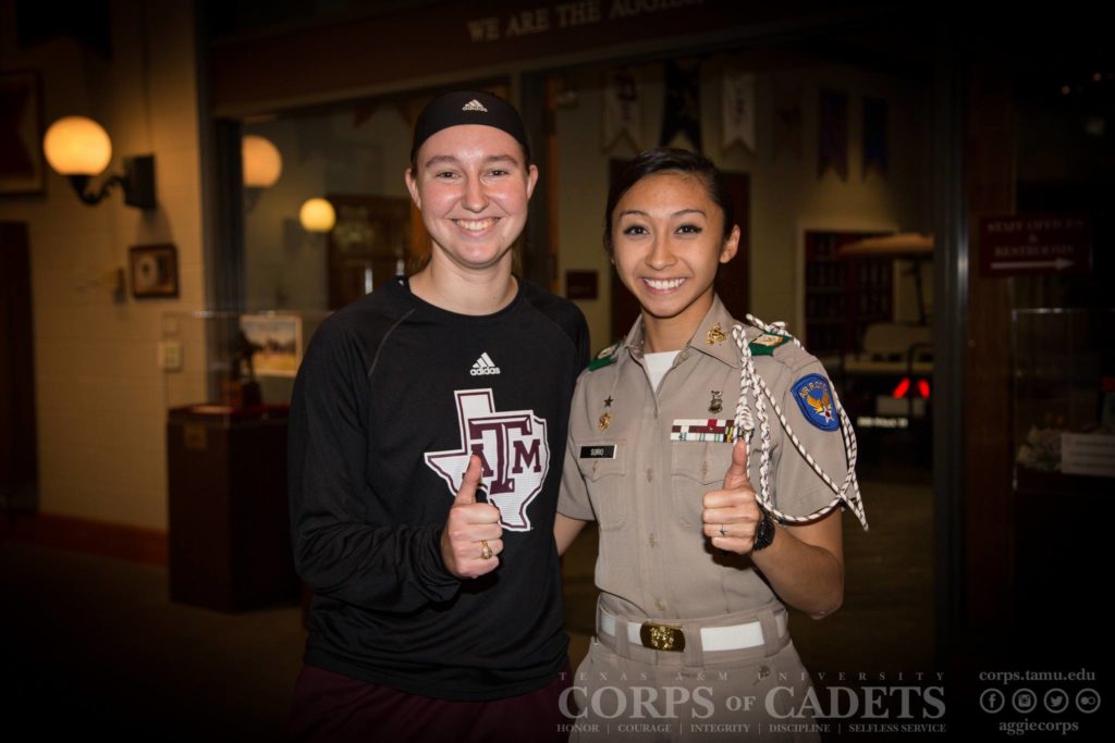Alyssa Michalke and 2016-2017 Corps Commander Cecille Sorio reunited at a dinner with the Corps of Cadets and the women's basketball team