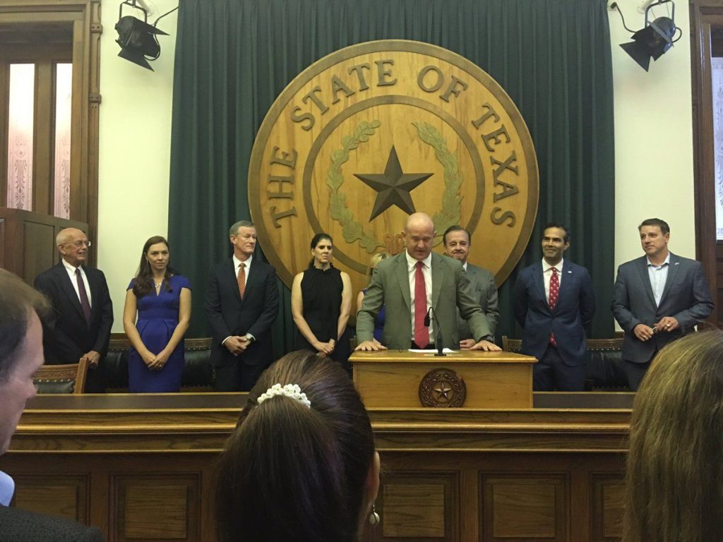 Texas university and state officials gather at the Texas State Capitol to announce the establishment of VETTED.