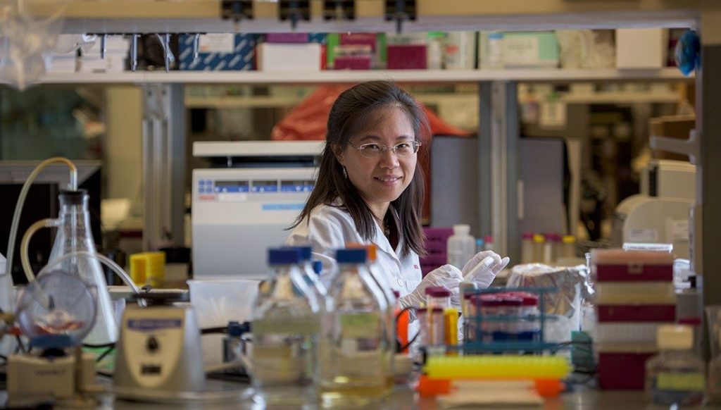 Dr. Chen posing while working in lab