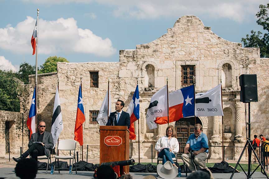 Texas General Land Office Commissioner George P. Bush addresses crowd at Cannon Fest at the Alamo in San Antonio