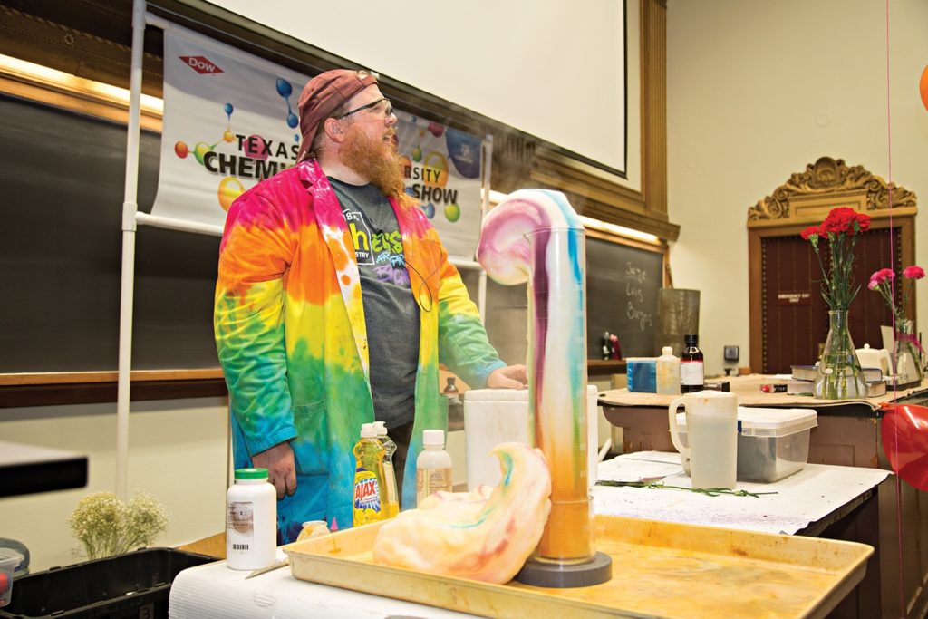 Dr. Jim Pennington leads a Chemistry Road Show in his trademark tie-dyed lab coat.
