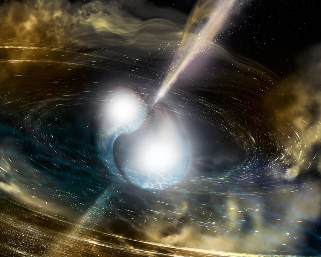 Artist's illustration of two merging neutron stars. The narrow beams represent the gamma-ray burst while the rippling space-time grid indicates the isotropic gravitational waves that characterize the merger. Swirling clouds of material ejected from the merging stars are a possible source of the light that was seen at lower energies. (National Science Foundation/LIGO/Sonoma State University/A. Simonnet)
