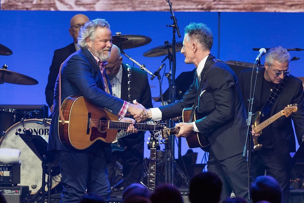 Robert Earl Keen (L) and Lyle Lovett perform onstage during the 'Deep from the Heart: The One America Appeal Concert' at Reed Arena on the campus of Texas A&M University on October 21, 2017 in College Station, Texas. (Photo by Rick Kern/Getty Images for Ford Motor Company)
