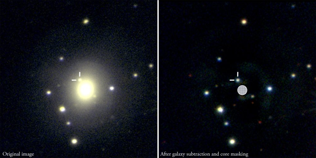 (Left:) Color image of the galaxy NGC 4993 -- large yellowish object in the center of the frame -- and the kilonova -- star-like object marked with crosshairs -- obtained by the TOROS Collaboration using the T80-South telescope. (Right:) Color image of the same field after digitally subtracting NGC 4993 and enhancing the contrast. (Minimal Credit for Reuse: L. Macri/Texas A&M and the TOROS Collaboration.)