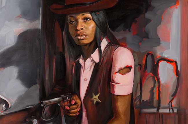 Painting of woman dressed as western sheriff