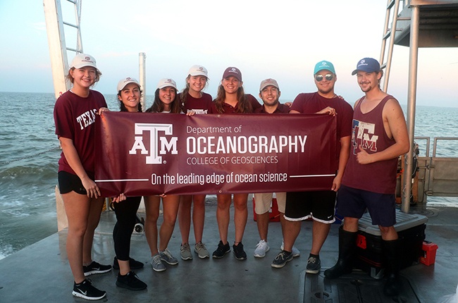 Undergraduate students aboard the RV Trident in Galveston Bay on Nov. 4, from left to right: Kelsey Gibbons, oceanography major; Cassie Oswood, OCNG 491 student; Ana Ramos, oceanography major; Samantha Longridge, oceanography major; Victoria Scriven, oceanography major; James Chapman, oceanography major; Cody Padlo, OCNG 491 student; Brian Buckingham, TAMU-GERG student worker.